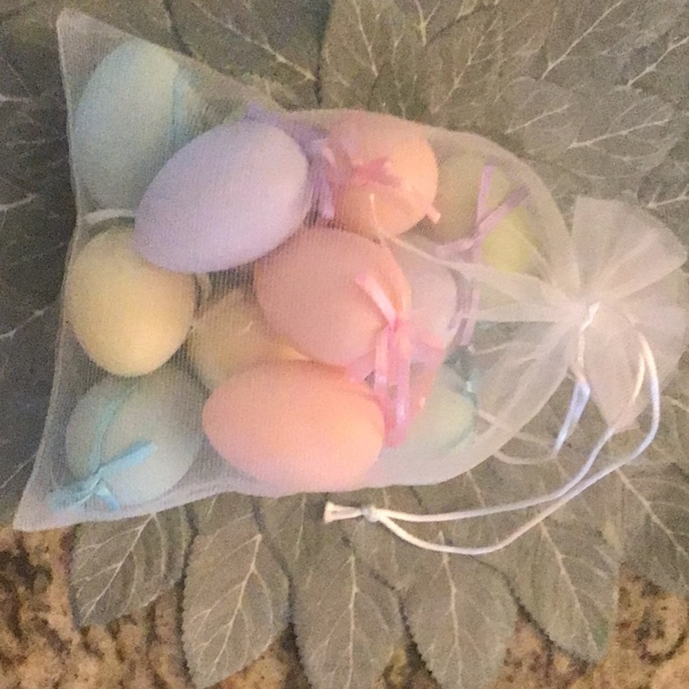 Mesh bag of pastel eggs